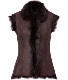 Understated and luxurious, Ralph Laurens chocolate shearling vest lends an extravagant finish to chic tailored looks - Textural fur collar and trim, hidden front hook closures, tailored seaming - Tailored fit - Wear with cashmere knits and jeans, or over dressy sheaths with heels and statement accessories