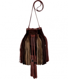 Set your style points soaring this season with Sara Battaglias statement drawstring shoulder bag, detailed in a medley of mixed neutral hues guaranteed to make an ultra chic impact - Chocolate suede with rust leather and nougat suede detailing, rust leather trim and removable shoulder strap, oversized tassels around drawstring, silver-toned hardware and chainlink handles, studded trim around the top, green satin lining - Carry with edgy separates or as a sartorial finish to cocktail dresses