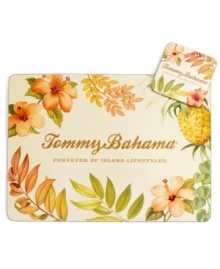 The living's easy with Tropical Borders placemats from Tommy Bahama. Hibiscus blossoms, lush ferns and golden pineapples invite laid-back island dining no matter where you live. An easy-clean surface on a sturdy cork back makes clearing the table a breeze.