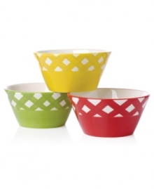 A favorite picnic-table print in most-appropriate shades of ketchup, mustard and relish make these Gingham Barbecue condiment bowls as indispensable as your grill.