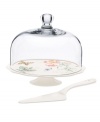 The whimsical butterflies and blooms of Butterfly Meadow dinnerware grace this charming cake stand, an irresistible way to serve your sweetest confections. With accompanying server and glass dome to keep dessert fresh. From Lenox's serveware collection. Qualifies for Rebate