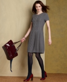 Get a cozy textural look with Tommy Hilfiger's A-line sweater dress, featuring luxe cable and ribbed knit.