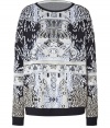 Elevate your casual style with this bold printed pullover from London It designer Mary Katrantzou - Bateau neck, long sleeves, oversized silhouette, all-over printed knit, contrasting black ribbed cuffs and hem - Style with slim jeans or trousers and peep-toe heels