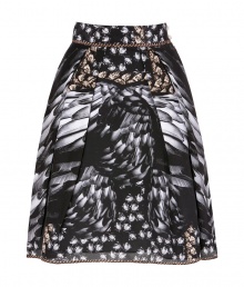 Take on this seasons penchant for prints with Vassilisas fantastical feather print pleated silk skirt - Hidden side zip, button closures, pleated - Feminine flared fit, falls to the knee - Team with modern micro knits and jet black patent leather pumps