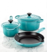 Learn to cook French. A charming mix of style and design, this cast iron collection equips your kitchen with incredible precision, performance and control. Advanced sand-colored enameled interiors exhibit superior heat distribution and retention, while colorful, durable exteriors resist the wear and tear of a busy space.  Lifetime warranty.