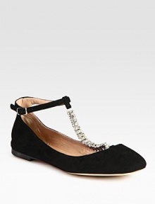 Rhinestone-encrusted t-strap adds a dash of sparkle to this timeless suede design. Suede upperLeather lining and solePadded insoleMade in ItalyOUR FIT MODEL RECOMMENDS ordering true size. 