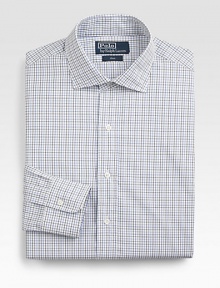 A trim, modern fit from ultra-silky 120s-quality two-ply cotton poplin yarns in a checked design for polished refinement. Buttonfront Moderate spread collar Embroidered logo detail Cotton Machine wash Imported 