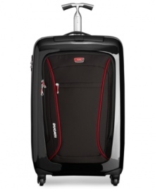 In a race of its own-Tumi and Ducati partner to change the face of travel with this sleek and innovative design. Life on the fast track demands sophisticated, innovative and bold solutions, which this fully-stocked upright puts on the map. Ready for any adventure with a hardside construction that protects your belongings, plus endless interior features, like organizational pockets and tie-down straps, that tackle travel on the fly. 5-year warranty.