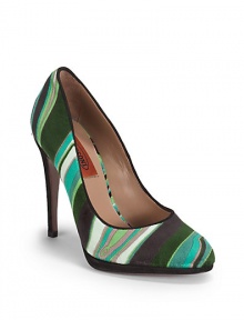 THE LOOKMultistripe print velvet upperOval toePadded insoleSuede-covered heel, 4 (100mm)Suede-covered platform, ¼ (5mm)Compares to a 3¾ heel (95mm)THE MATERIALSignature striped fabric upperLeather liningLeather soleORIGINMade in Italy