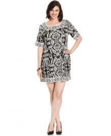 Snag a standout look with Alfani's short sleeve plus size dress, featuring a vivid print!