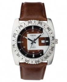 For a decidedly modern look, strap on this bold watch by Unlisted. Brown leather strap and round silver tone mixed metal case. Turning bezel with black numerals. Brown and black dial features numerals and stick indices, date window at three o'clock, luminous hands and logo. Quartz movement. Splash resistant. Two-year limited warranty.