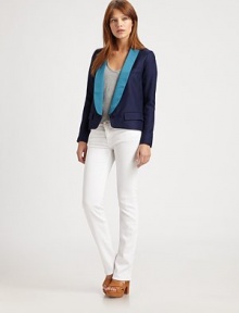 Elegantly tailored in a cropped single-button design that boasts a shapely satin shawl collar.Deep V necklineFlange sleevesChest welt pocketFlap hip pocketsDouble back ventAbout 23 from shoulder to hemBody: viscose; collar: 95% polyester/5% spandexDry cleanImported of Italian fabricModel shown is 5'8½ (174cm) wearing US size 4.