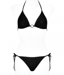 Bring high style to your beach-ready look with this luxe bikini from La Perla - Classic triangle top with center ring detail, slim cut bottoms with side tie, embossed reptile print - Pair with a sheer caftan, a floppy hat, and wedge sandals