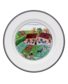 A family tends the fields and farm together on this Design Naif bread and butter plate, featuring premium Villeroy & Boch porcelain.