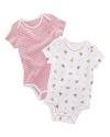 A set of two adorable short-sleeved bodysuits is rendered in ultra-soft cotton jersey.