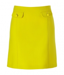 Defy the workweek style rut with this bold yellow A-line skirt from Tara Jarmon - A-line silhouette, front flap pockets with buttons, front and back seaming detail, concealed side zip closure - Wear with a printed silk top, a blazer, and ballet flats