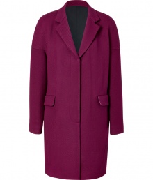 With its rich shade of plum purple and ultra modern silhouette, DKNYs stretch wool twill coat guarantees a contemporary-cool finish to your look - Notched lapel, long sleeves, dropped shoulders, front flapped pockets, hidden button-down front, back vent, oversized boxy fit - Team with modern-minimalist separates for that impossibly chic city feel