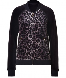 Finish off-duty looks on a wild note with Juicy Coutures animal print velour bomber jacket - Collarless, front zip closure, long sleeves, zippered slit pockets - Slim fit - Pair with velour pants, favorite jeans, or mini-skirts