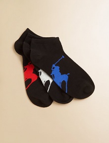 An oversized version of the polo player logo is colorfully knit into the soles of three pairs of sturdy, cotton-y ankle socks.Ribbed cuff71% cotton/27% polyester/2% spandexMachine washImported