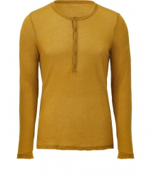 Raise the bar on contemporary classics with Steffen Schrauts dark yellow, cotton and cashmere blend henley - Modern slim cut is fitted throughout - Long sleeves and traditional crew neck with five-button placket - Decorative fraying at hem lends this shirt its casually cool, well-worn appeal - Layer with a cardigan or denim jacket and pair with jeans, chinos or cords