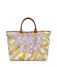 Stash away your spring  essentials in Emilio Puccis floral printed cotton tote, detailed with smooth leather handles for a polished look - Leather double top handles, bright yellow interior - Wear with a sundress and sandals in the city