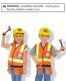 Work zone ahead! Your little construction worker will be ready for the job with this bright orange, machine-washable, vest high-lighted with reflective material and a tool belt, a yellow hard hat, goggles, a hammer, a saw, and a name tag for personalizing.