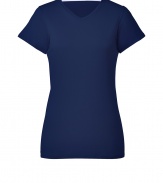 A wardrobe staple detailed in classic navy, Jil Sanders pristine V-neck is as chic as it is versatile - V-neckline, short sleeves, contoured seaming - Form-fitting - Wear with a modern blazer, leather leggings and ankle boots