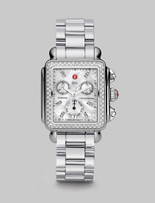 From the Deco Collection. A sleek stainless steel design with brilliant diamond accents and a chronograph dial. Swiss quartz movementWater resistant to 5 ATMRectangular stainless steel case, 33mm (1.3) X 35mm (1.4)Diamond bezel and markers, .66 tcwMother-of-pearl chronograph dialDate display at 6 o'clockSecond hand Stainless steel link bracelet, 18mm wide (0.7)Imported