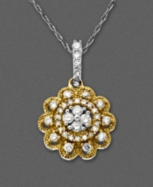 A diamond pendant that boasts a unique vintage-inspired design. You will cherish this 14k two tone necklace with multitudes of glistening round-cut diamonds (1/3 ct. t.w.). Approximate length: 18 inches. Approximate drop: 3/4 inch.