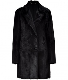 Ultra-luxurious formal coat of fine, black goat hair in classic Jil Sander timelessness - Features a narrow silhouette with a double button row,  moderately deep lapel, comfortable thigh length and long sleeves - Versatile coat is perfect for business with a pants suit, pencil skirt or even to dress up jeans