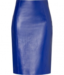 Electrify your luxe look with Versaces radiant blue high-waisted leather skirt, perfect for adding an exquisite edge to your work to cocktails wardrobe - Hidden back zip, vertical seaming, kick pleat - Seductive figure-hugging fit - Team with feminine tops and flawless platform pumps