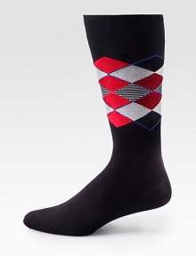 Bold, colorful argyle patterns with striped detail accents this dapper dress sock, crafted from a comfortable stretch cotton blend for long-lasting style and support.Mid-calf heightCotton/polyamide/modal/elastane Machine washImported