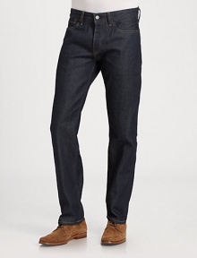 A straight-leg silhouette that resembles a well-tailored trouser, is accented with contrast stitching in a rich, indigo wash.Five-pocket styleInseam, about 34CottonMachine washImported