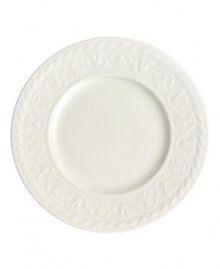 Distinguished by rich relief patterns in milky white china, the Cellini collection brings European classicism to the table. Bread and butter plate is adorned with an ornate braided edge and scroll-patterned rim. Microwave and dishwasher safe.