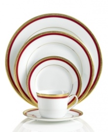 An instant classic, the Red Rim place setting combines bands of holiday red and filigree-patterned gold in elegant white porcelain. Layer with Charter Club's Grand Buffet Classic Gold and Holly Berry dinnerware.