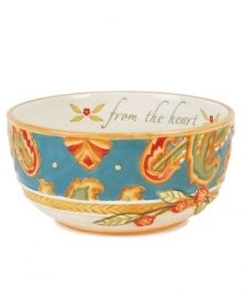 A fresh twist on a familiar pattern, the Carissa Paisley sentiment bowl by Fitz and Floyd mixes colorful paisleys with sculpted rope and a warm message, from the heart.