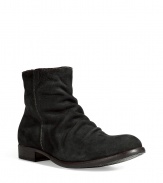 Bring urbane-cool style to your look with these luxe boots from Fiorentini & Baker - Upturned toe, supple suede with front wrinkle detail, ankle length, chunky heel, exposed side zip closure - Pair with straight leg jeans or slim trousers, a sleek button down, and a blazer