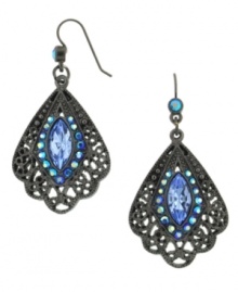 A distinctive fan shape adds exotic elegance to 2028's earrings. Adorned with jet and sapphire-hued glass and crystal accents, they're set in hematite tone mixed metal. Approximate drop: 2 inches.