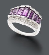 Look perfectly poised in purple. Stunning sterling silver ring features graduated baguette-cut amethyst (3 ct. t.w.) underlined by top and bottom rows of sparkling diamond accents. Size 7.