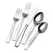 A simple and clean flatware pattern with mirror finish is perfect for any occasion! Set of 101 pieces includes: 12 5-piece place settings, 12 matching steak knives, 12 extra teaspoons, 12 extra salad forks, and 1 5-piece hostess set.