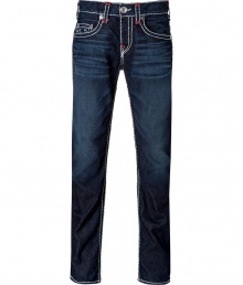 With Western-inspired details, these stylish distressed jeans from True Religion will amp up your casual basics - Classic five-pocket styling, fading details, decorative back pockets with logo detail, contrast stitching - Straight leg, slim fit - Pair with a tee and a blazer or a cashmere sweater