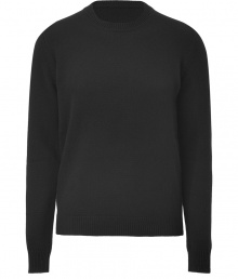 Quietly elegant and effortlessly cool, Jil Sanders black wool pullover raises the bar on everyday indispensables - Classic crew neck style, in a soft, densely woven medium-weight Italian wool - Rib trim at cuffs, collar and sleeves - Slim, straight cut - Versatile and polished, seamlessly transitions from work to weekend - pair with slim trousers, chinos or dark denim