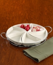 A lovely swirl motif sets this sectioned server apart from the rest. From a colorful spread of fresh veggies to dried nuts and fruit, this handy piece makes any appetizer appealing.