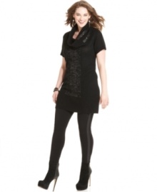 Light up your fall lineup with Extra Touch's plus size tunic sweater, featuring a metallic front.