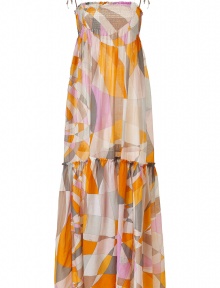 The classic Pucci print gets a romantic redux with this summer-ready maxi dress - Adjustable tie spaghetti straps, shirred bodice, empire waist, flared full skirt with ruffled tier, floor-sweeping length, all-over geometric print - Style with platform sandals and a floppy hat