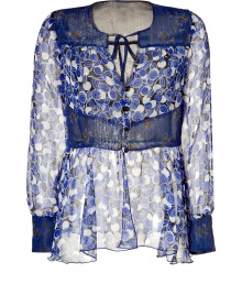 Boho-chic electric blue lurex silk top from Anna Sui- Get the of-the-moment 1970s-inspired look with this haute hippie silk top - Cool pop-art floral print with contrasting yolk, waistband, and sleeves- Button closure and tie-neck detail - Wear with wide-leg trousers, platforms, and a fitted trench