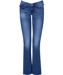 Stylish, straight-leg jeans in fine, medium-blue wash cotton - Features True Religion signature stitching on two back flap pockets, subtle fading, creases at knee, and zipper and single-button closure - Favorite jeans for a girls night out with a sexy tank and heels