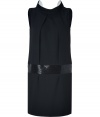 Swing into the new season in sweet feminine style in Tara Jarmons chic black mini-dress, finished with an exquisitely beaded waistline and dramatic draped back - White lined stand-up collar, draped open back, sleeveless, side slit pockets, front pleats, tailored fit - Pair with bright heels and a statement clutch for cocktails