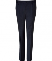 Elegant trousers in fine, wool stretch blend - Classically cool in navy with chic pin stripe - Modern, slim cut is more fitted through legs - Crease detail flatters and elongates the silhouette - Medium rise, button closure and belt loops - Welt pockets at rear - Polished and sleek, an easy go-to in any wardrobe - Dress up with a blazer and button down, or go for a more casual look with a cashmere pullover or light cardigan