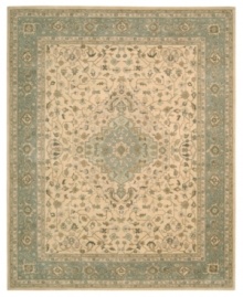 Premium-quality New Zealand wool yarns are specially dyed to create the vintage look of this traditional area rug. Emulating the look of vegetable dying, the Heritage Hall rug features a characteristically delicate color palette that brings a  regal aura to any room.